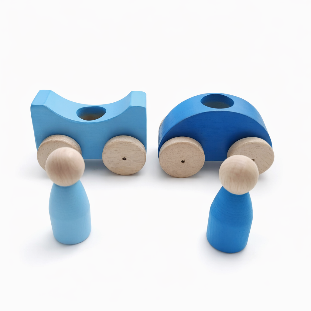 Moccotoys Montessori Renkli Ahşap Arabalar (Mavi-Bebek Mavi)