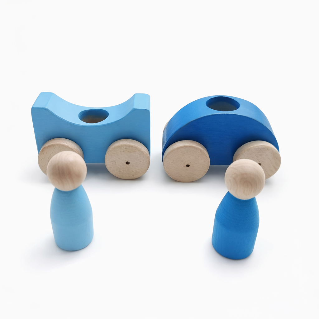 Moccotoys Montessori Renkli Ahşap Arabalar (Mavi-Bebek Mavi)
