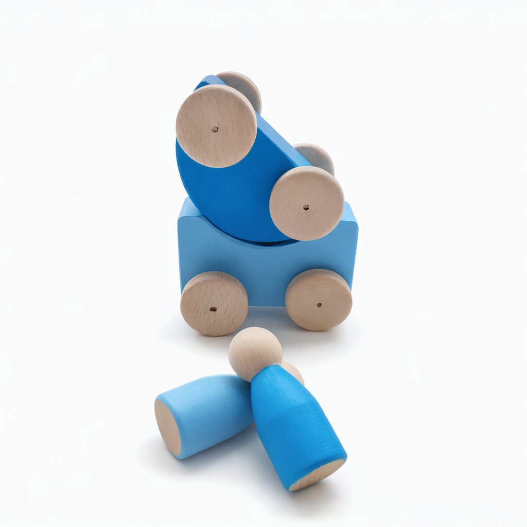 Moccotoys Montessori Renkli Ahşap Arabalar (Mavi-Bebek Mavi)