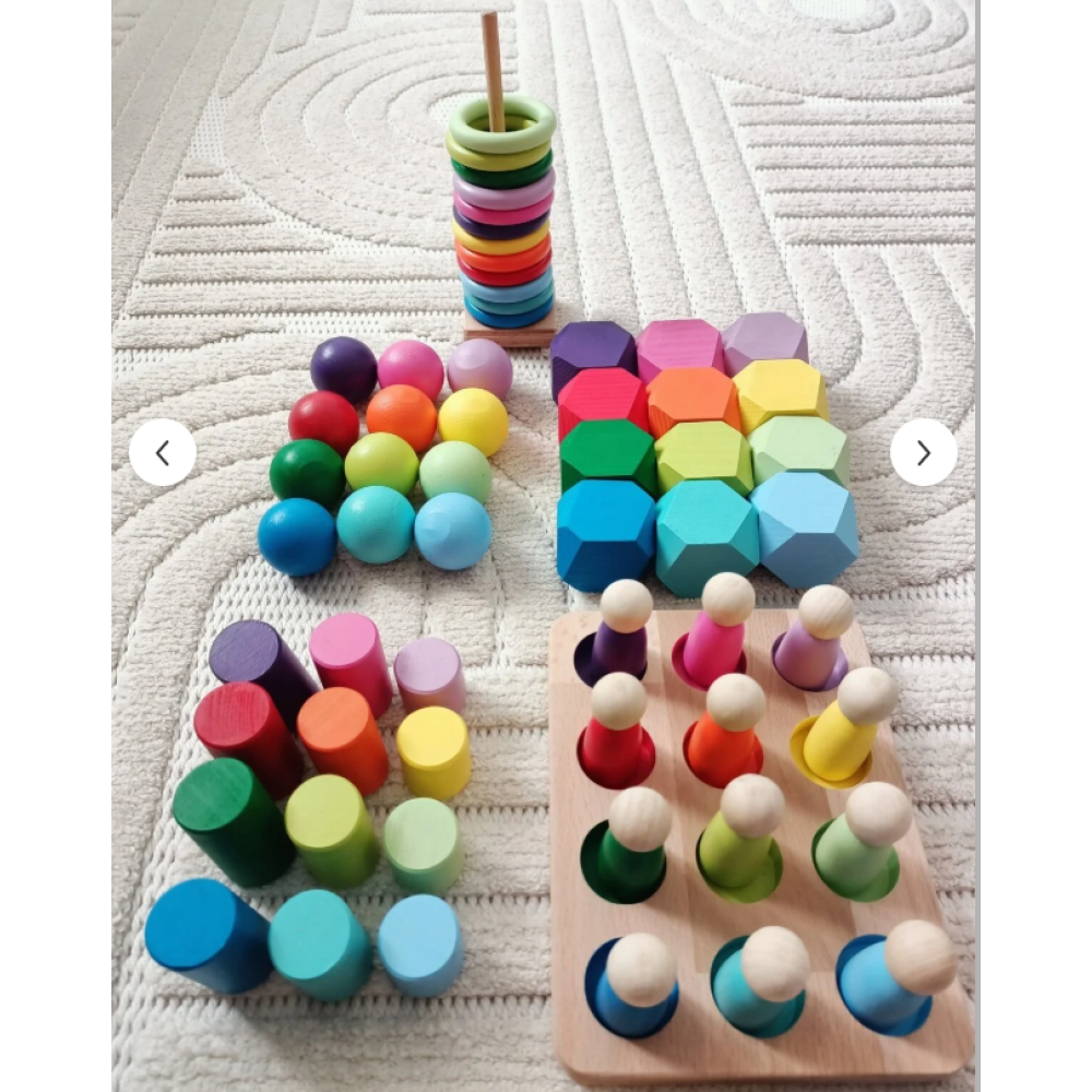 Waldorf Eşleştirme Tablalı Silindir  Halka  Peg Bebek  Top WB Seti - (12 Renk)