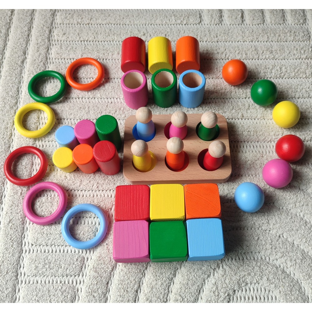 Montessori Ahşap Eğitici Oyuncak 6 Renk Eşleştirme Seti | Silindir Halka Peg Bebek Kase Küp | 30 Prç