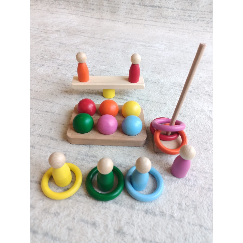 Waldorf Eşleştirme Tablalı Top  Halka  Peg Bebek Seti - (6 Renk)