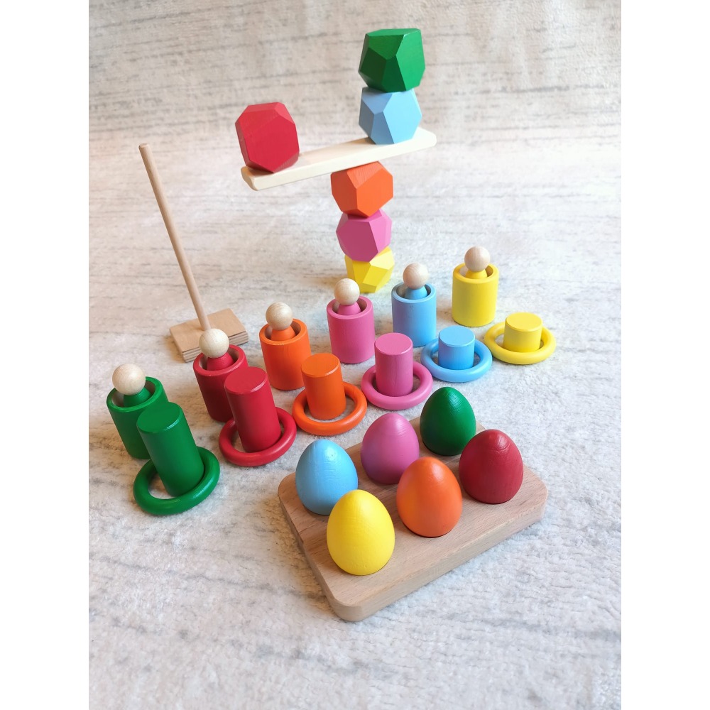 Waldorf Eşleştirme Tablalı Silindir  Halka  Peg Bebek  Tumi Ishi  Bardak  Yumurta Seti - (6 Renk)
