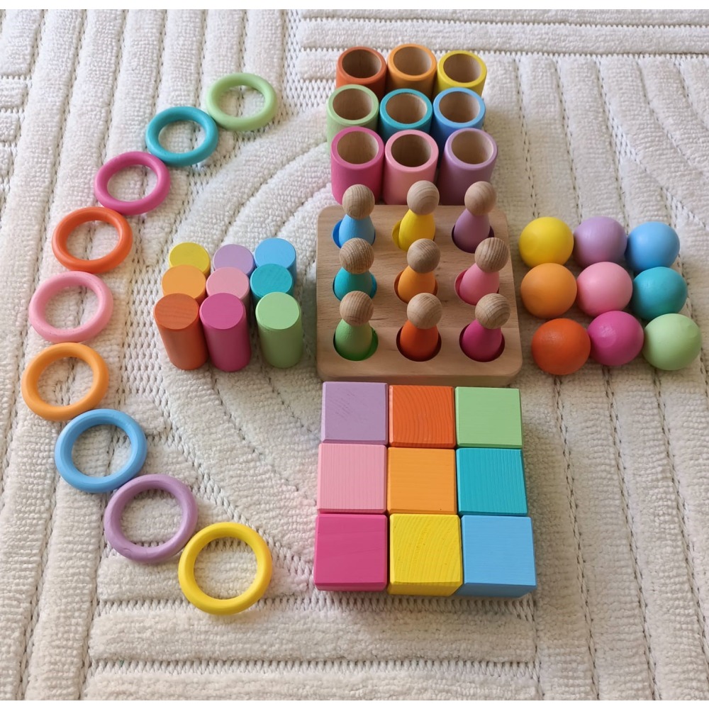 Montessori Eşleştirme Tablalı Silindir Halka Peg Bebek Kase Küp Seti - 9 Renk