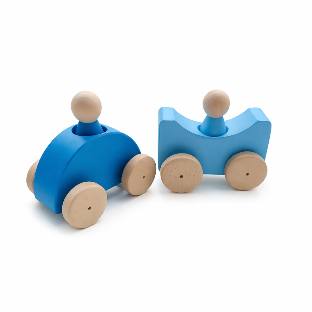 Moccotoys Montessori Renkli Ahşap Arabalar (Mavi-Bebek Mavi)